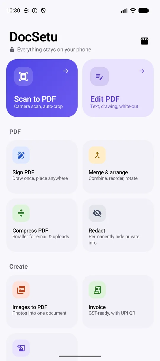 DocSetu home screen: Scan to PDF and Edit PDF, then tools grouped into PDF, Create and Convert