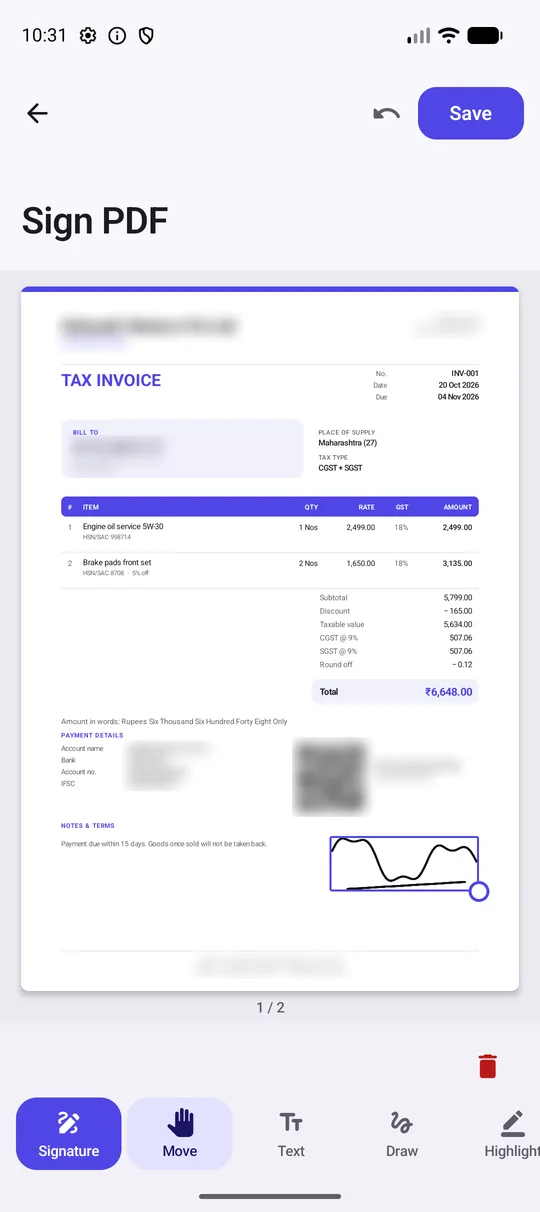 A GST tax invoice open in DocSetu's Sign tool with a signature being placed. Business details are blurred.