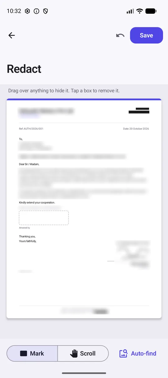 An authorization letter in DocSetu's Redact tool with the phone number, email and PAN blacked out. Names are blurred.